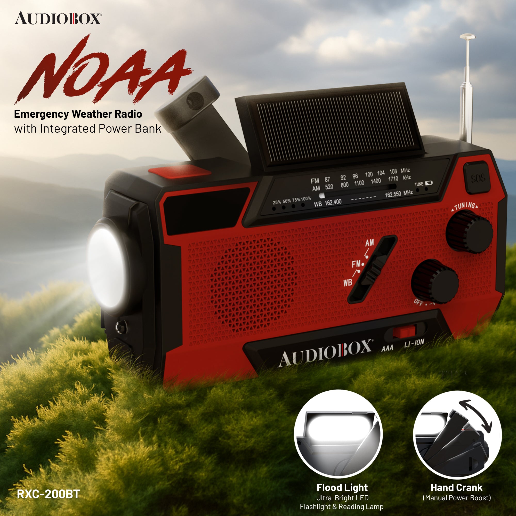 Emergency NOAA Radio with SOS Alarm, Flashlight, Power Bank, Solar/Hand Crank Charging, AM/FM/WB, IPX3 Water Resistant, 2000mAh Battery, USB Type-C, for Camping & Storm Prep