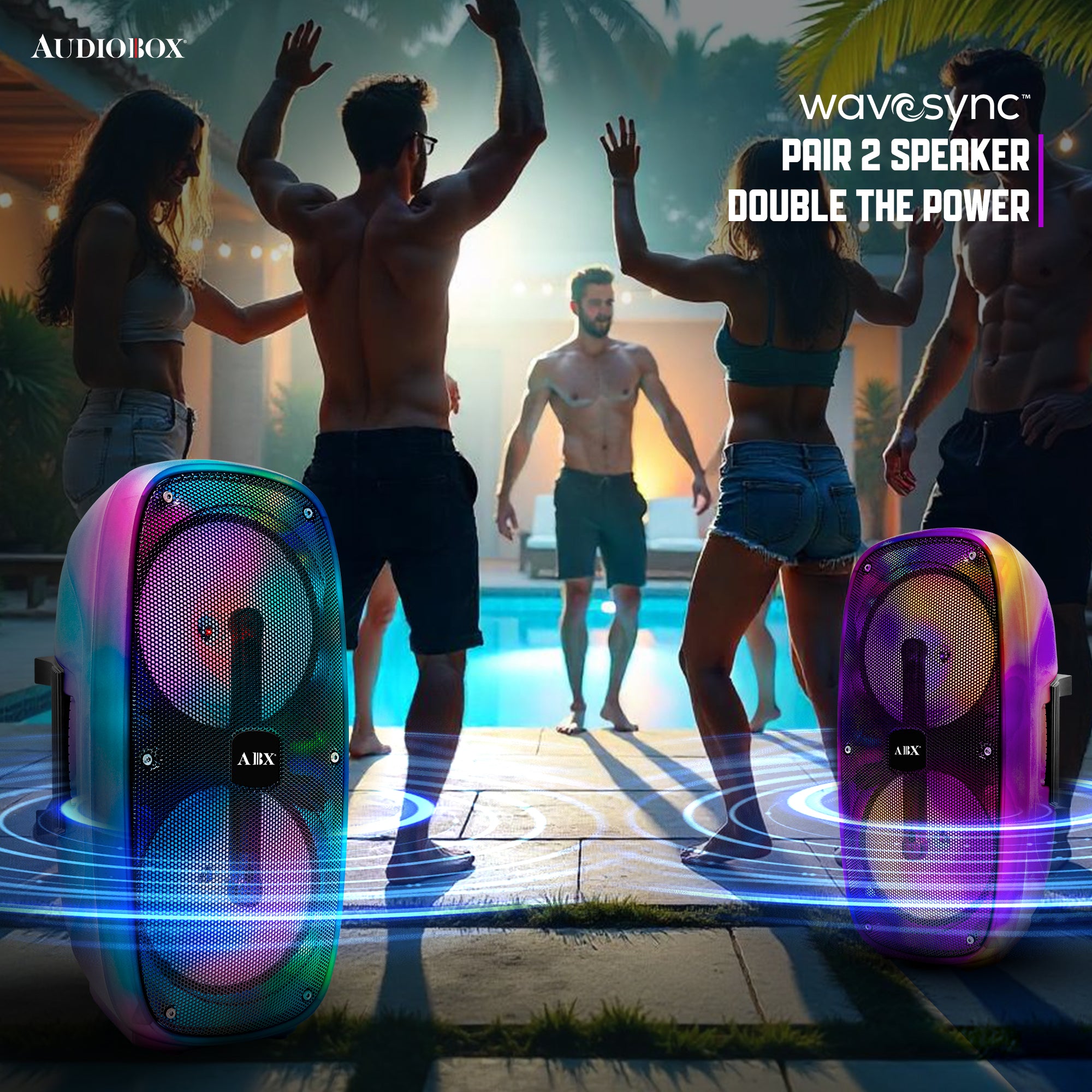 AudioBox ABX-2290R – 360° LED Party Speaker | Bluetooth | Mic Input | WaveSync™