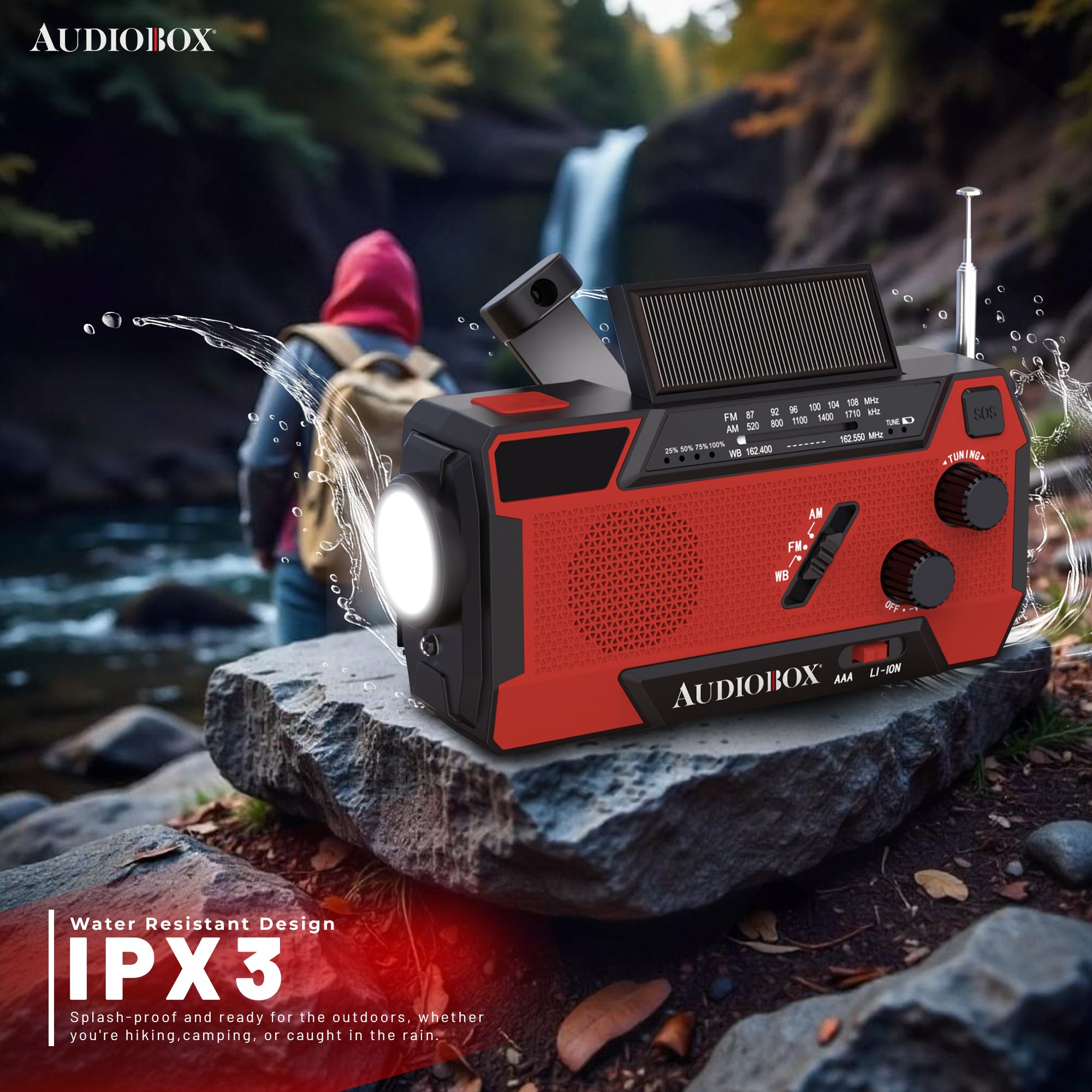 Emergency NOAA Radio with SOS Alarm, Flashlight, Power Bank, Solar/Hand Crank Charging, AM/FM/WB, IPX3 Water Resistant, 2000mAh Battery, USB Type-C, for Camping & Storm Prep