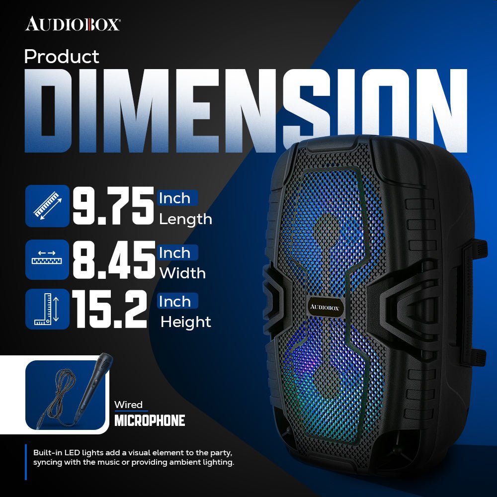 ABX-2260R Rechargeable Bluetooth Party Speaker – Dual 6.5” Woofers, LED Lights, FM Radio, USB, Micro SD, TW.S, Mic Included