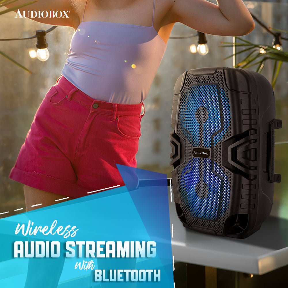 ABX-2260R Rechargeable Bluetooth Party Speaker – Dual 6.5” Woofers, LED Lights, FM Radio, USB, Micro SD, TW.S, Mic Included