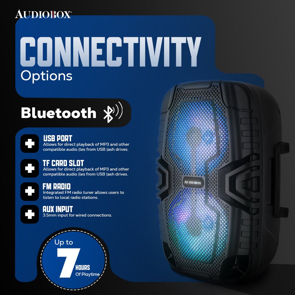 ABX-2260R Rechargeable Bluetooth Party Speaker – Dual 6.5” Woofers, LED Lights, FM Radio, USB, Micro SD, TW.S, Mic Included