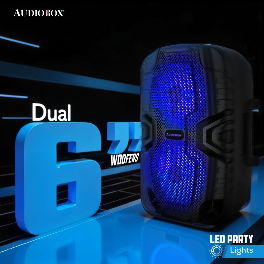 ABX-2260R Rechargeable Bluetooth Party Speaker – Dual 6.5” Woofers, LED Lights, FM Radio, USB, Micro SD, TW.S, Mic Included