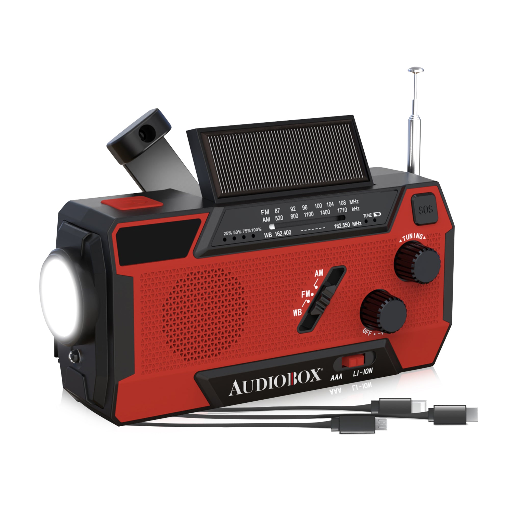 Emergency NOAA Radio with SOS Alarm, Flashlight, Power Bank, Solar/Han