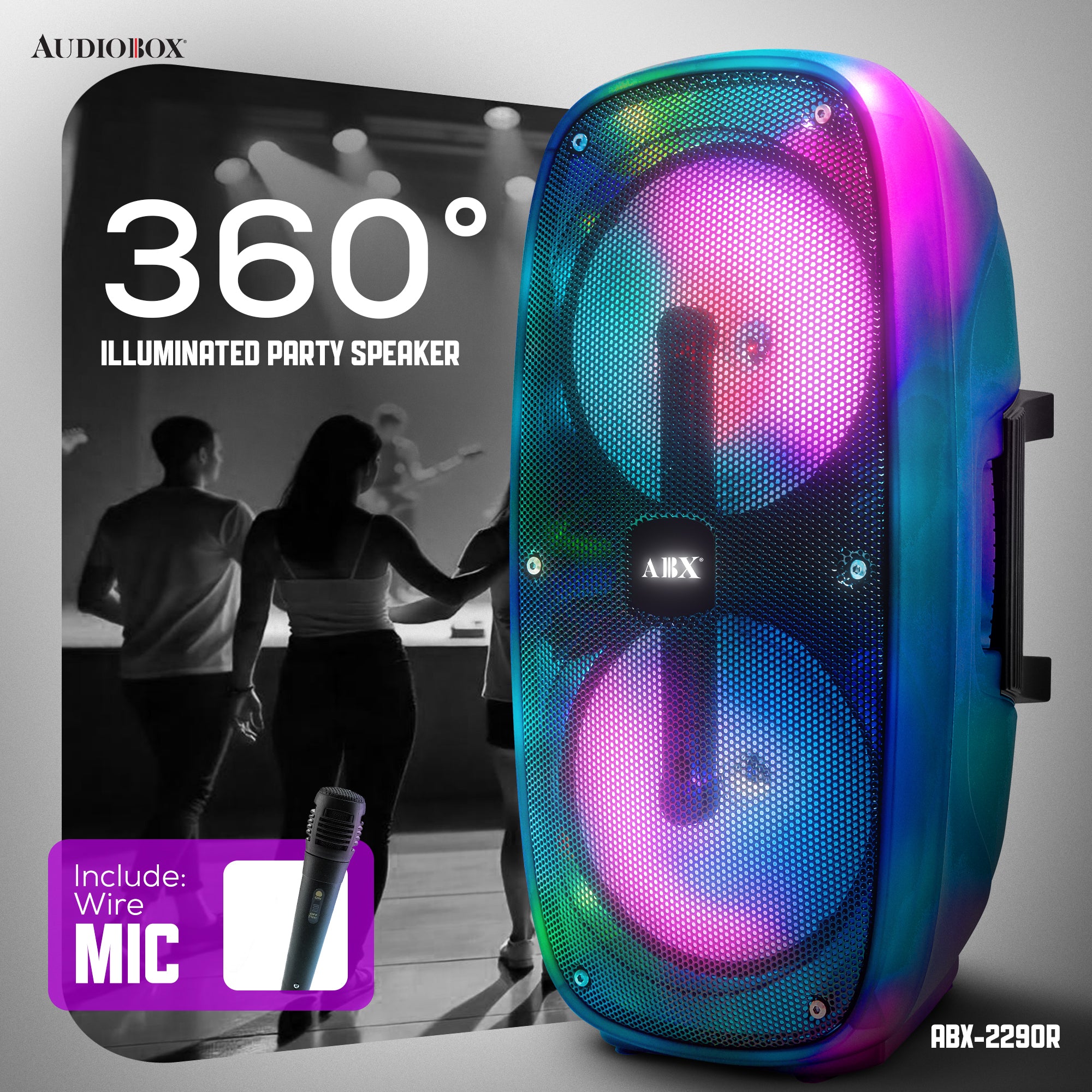 AudioBox ABX-2290R – 360° LED Party Speaker | Bluetooth | Mic Input | WaveSync™