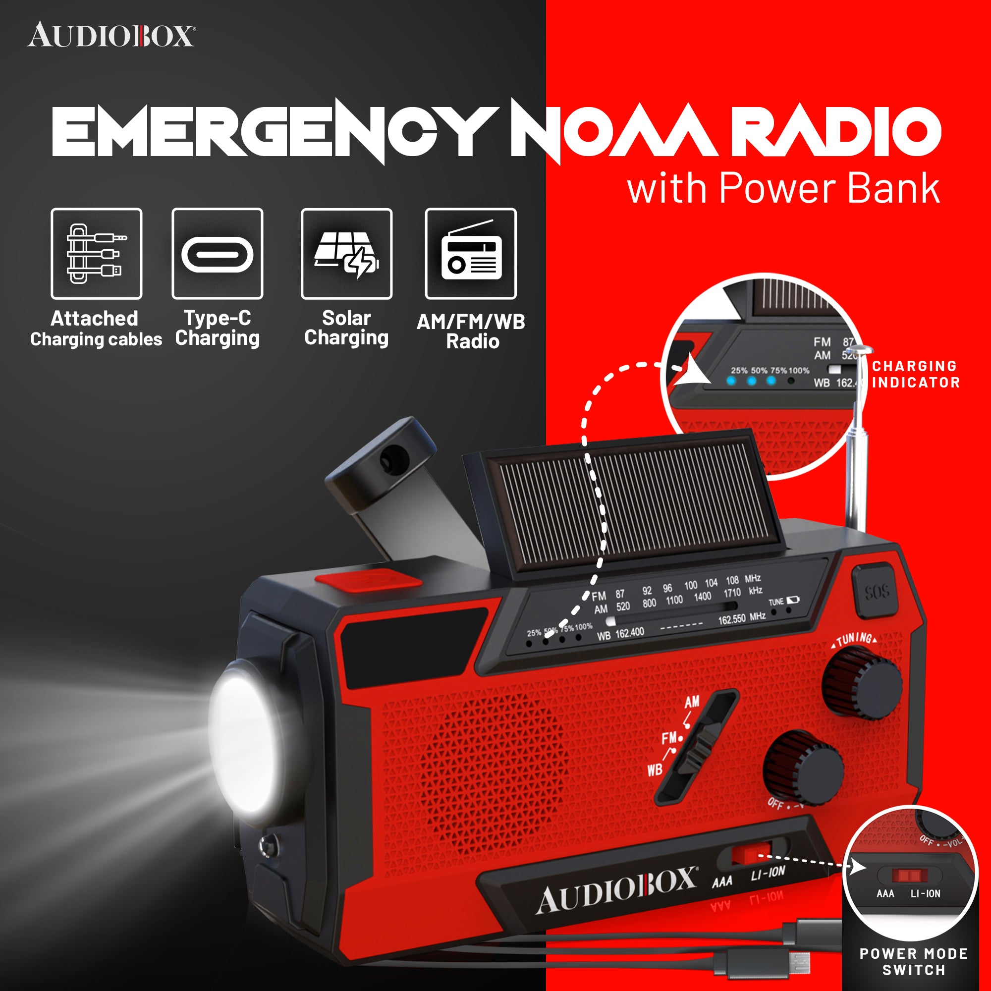 Emergency NOAA Radio with SOS Alarm, Flashlight, Power Bank, Solar/Hand Crank Charging, AM/FM/WB, IPX3 Water Resistant, 2000mAh Battery, USB Type-C, for Camping & Storm Prep