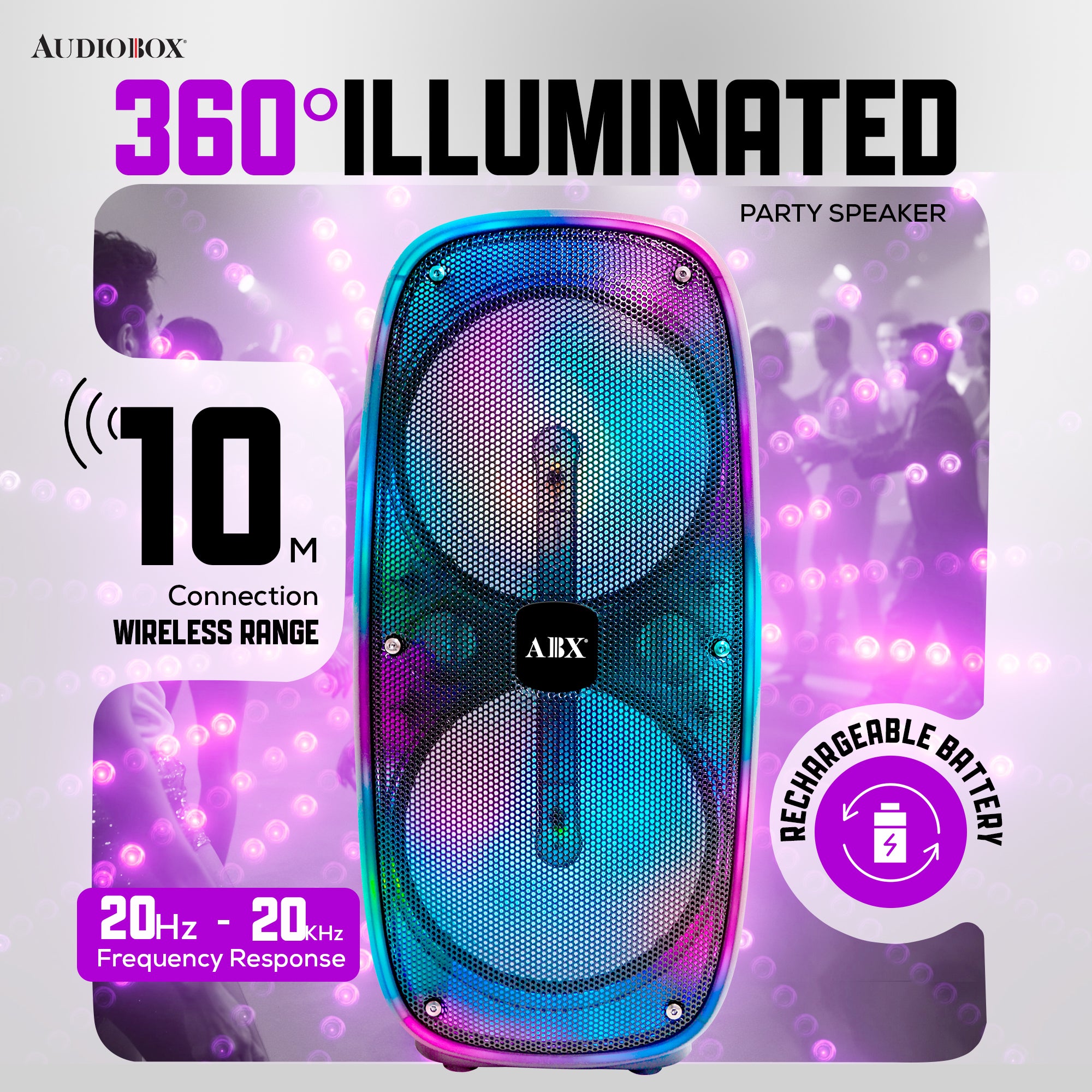 AudioBox ABX-2290R – 360° LED Party Speaker | Bluetooth | Mic Input | WaveSync™