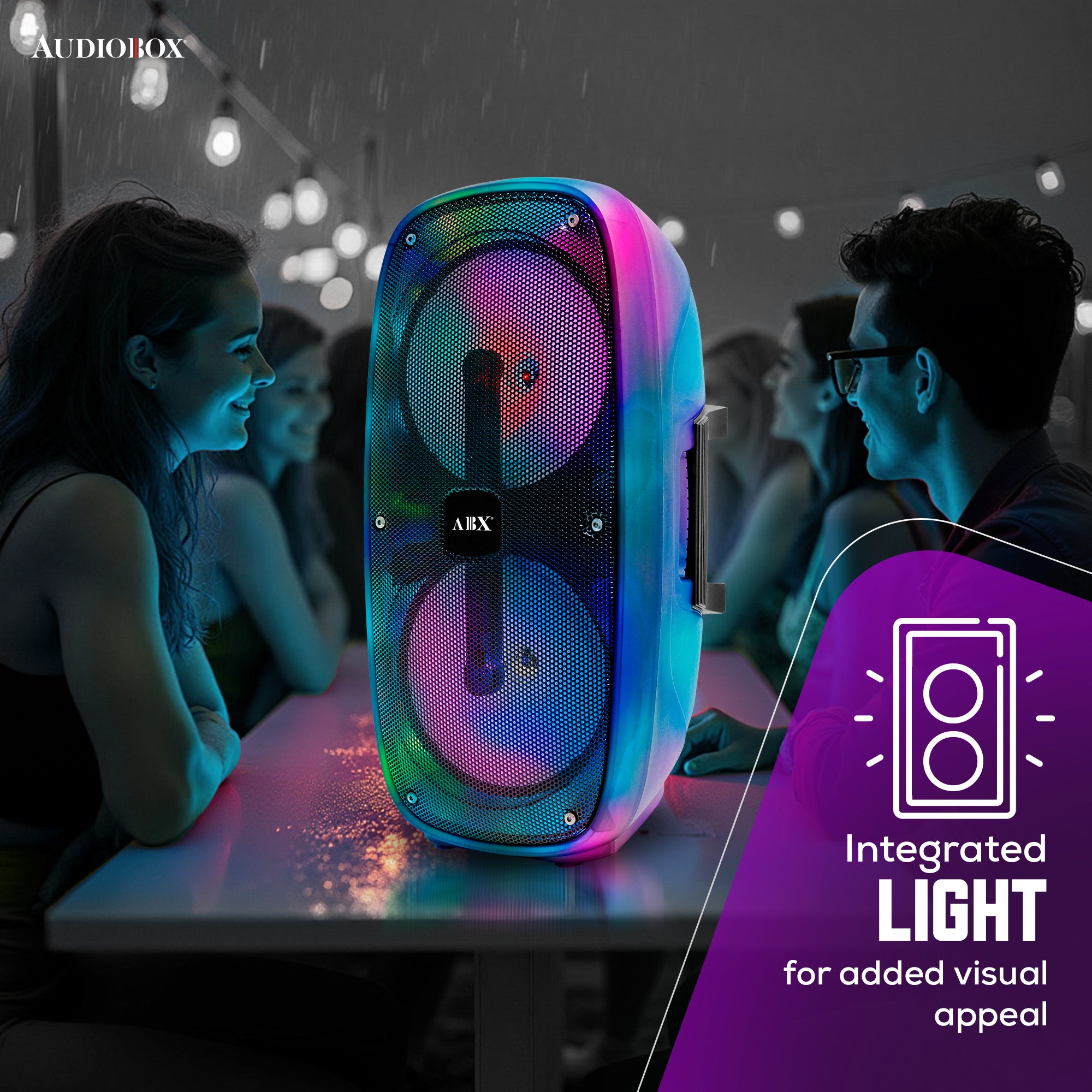AudioBox ABX-2290R – 360° LED Party Speaker | Bluetooth | Mic Input | WaveSync™