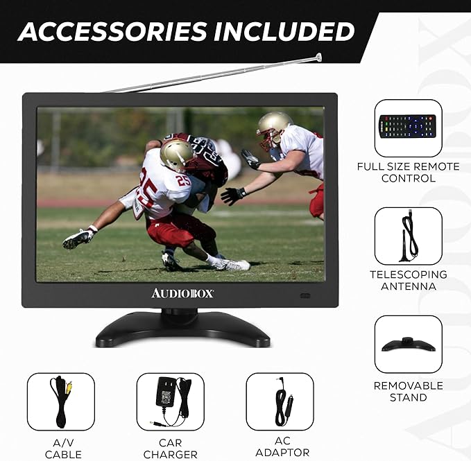 Audiobox 13" Portable TV | HDMI, VGA, A/V, USB/SD Inputs | 3.5mm Output, AC/DC | Includes: Remote, Car Charger, AC Adaptor, A/V Cables & Antenna