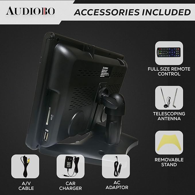 Audiobox 9" Portable TV - USB/SD Inputs, 3.5mm Output | Includes: Remote, Car Charger, AC Adaptor & Antenna