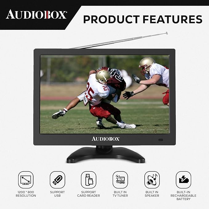 Audiobox 13" Portable TV | HDMI, VGA, A/V, USB/SD Inputs | 3.5mm Output, AC/DC | Includes: Remote, Car Charger, AC Adaptor, A/V Cables & Antenna