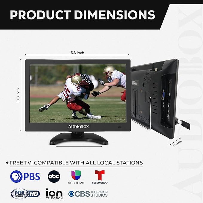 Audiobox 13" Portable TV | HDMI, VGA, A/V, USB/SD Inputs | 3.5mm Output, AC/DC | Includes: Remote, Car Charger, AC Adaptor, A/V Cables & Antenna