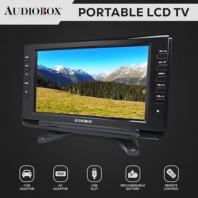 Audiobox 9" Portable TV - USB/SD Inputs, 3.5mm Output | Includes: Remote, Car Charger, AC Adaptor & Antenna