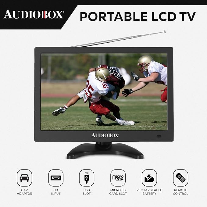 Audiobox 13" Portable TV | HDMI, VGA, A/V, USB/SD Inputs | 3.5mm Output, AC/DC | Includes: Remote, Car Charger, AC Adaptor, A/V Cables & Antenna