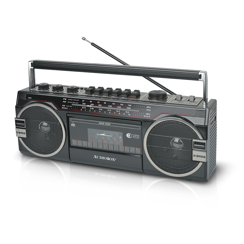 AudioBox RXC-25BT Retrobox 2 Way Speaker System Boombox w/Bluetooth Connectivity, AM/FM/SW Radio, USB and SD Card Connection, & Cassette Player, Black