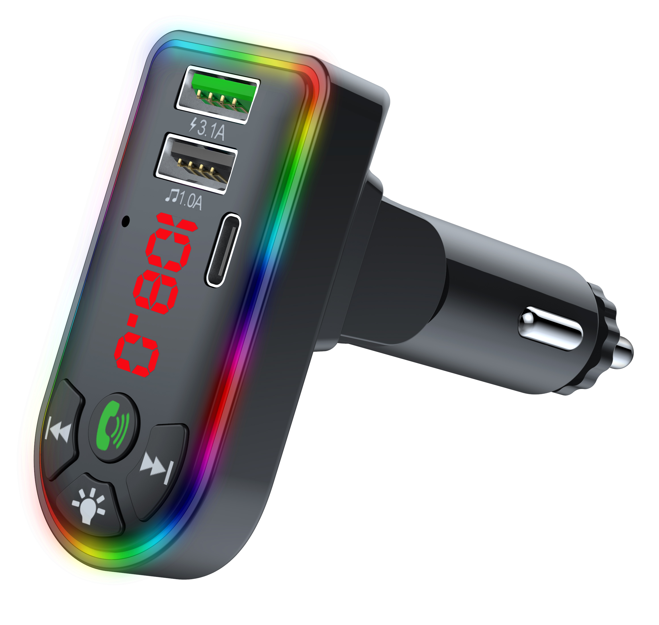 Audiobox TR-20 Bluetooth FM Transmitter with LED Lights, Dual USB & USB-C Charging Ports, Hands-Free Calling