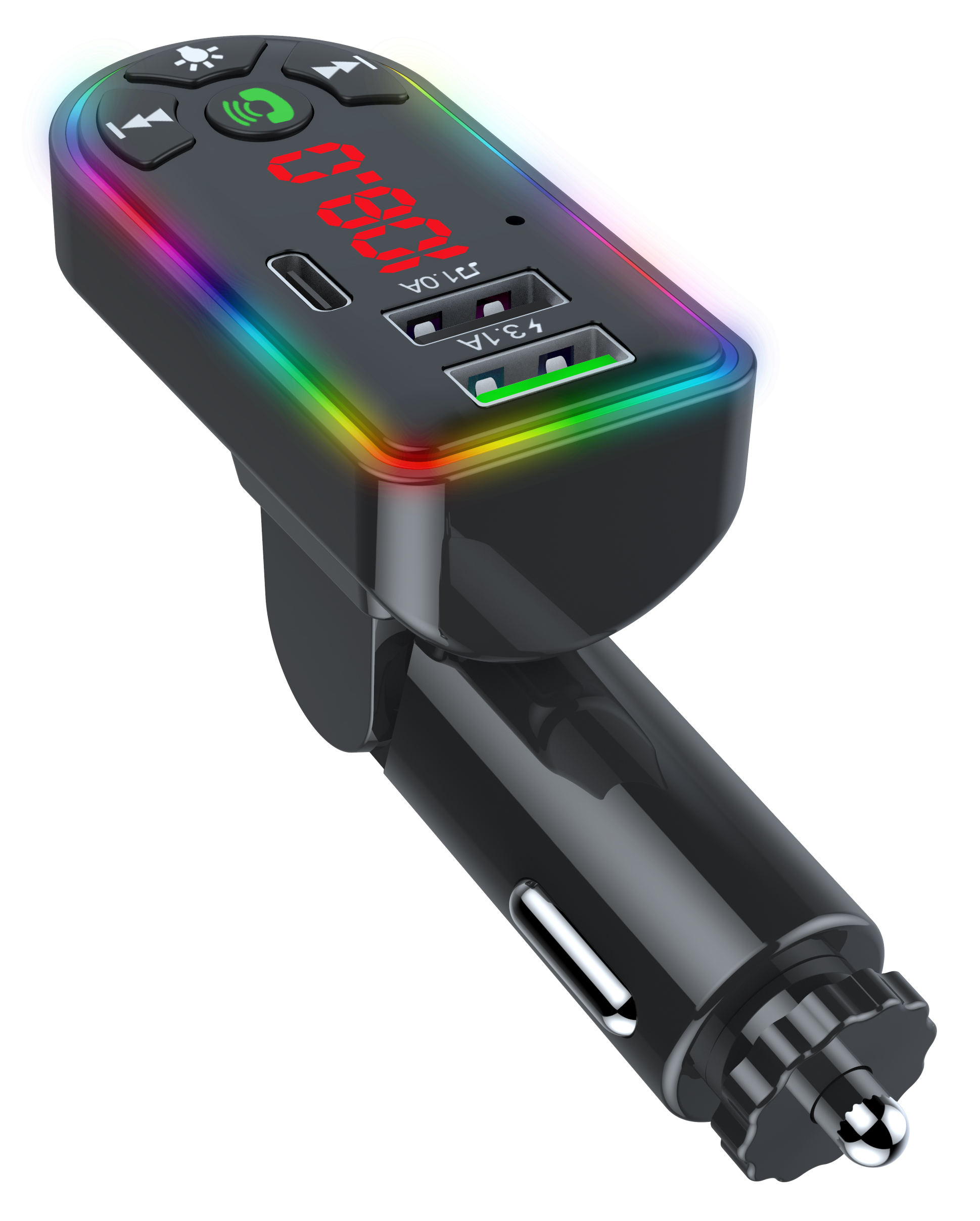 Audiobox TR-20 Bluetooth FM Transmitter with LED Lights, Dual USB & USB-C Charging Ports, Hands-Free Calling