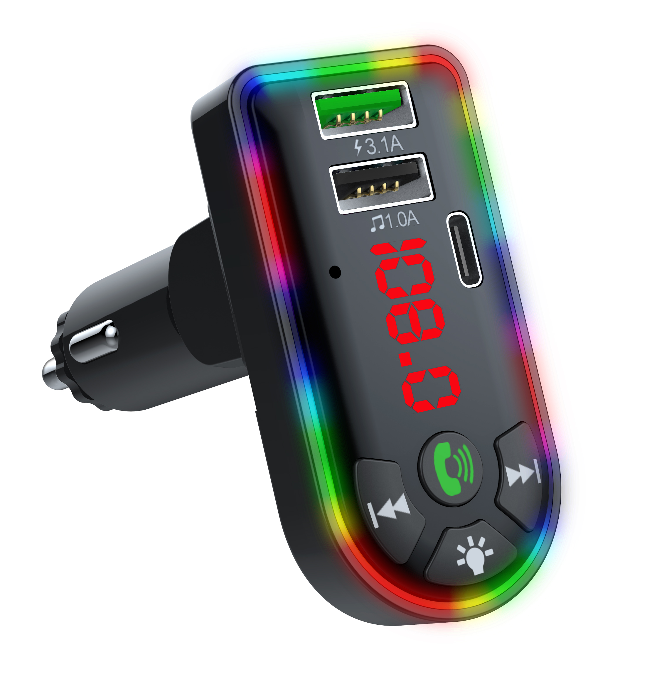 Audiobox TR-20 Bluetooth FM Transmitter with LED Lights, Dual USB & USB-C Charging Ports, Hands-Free Calling