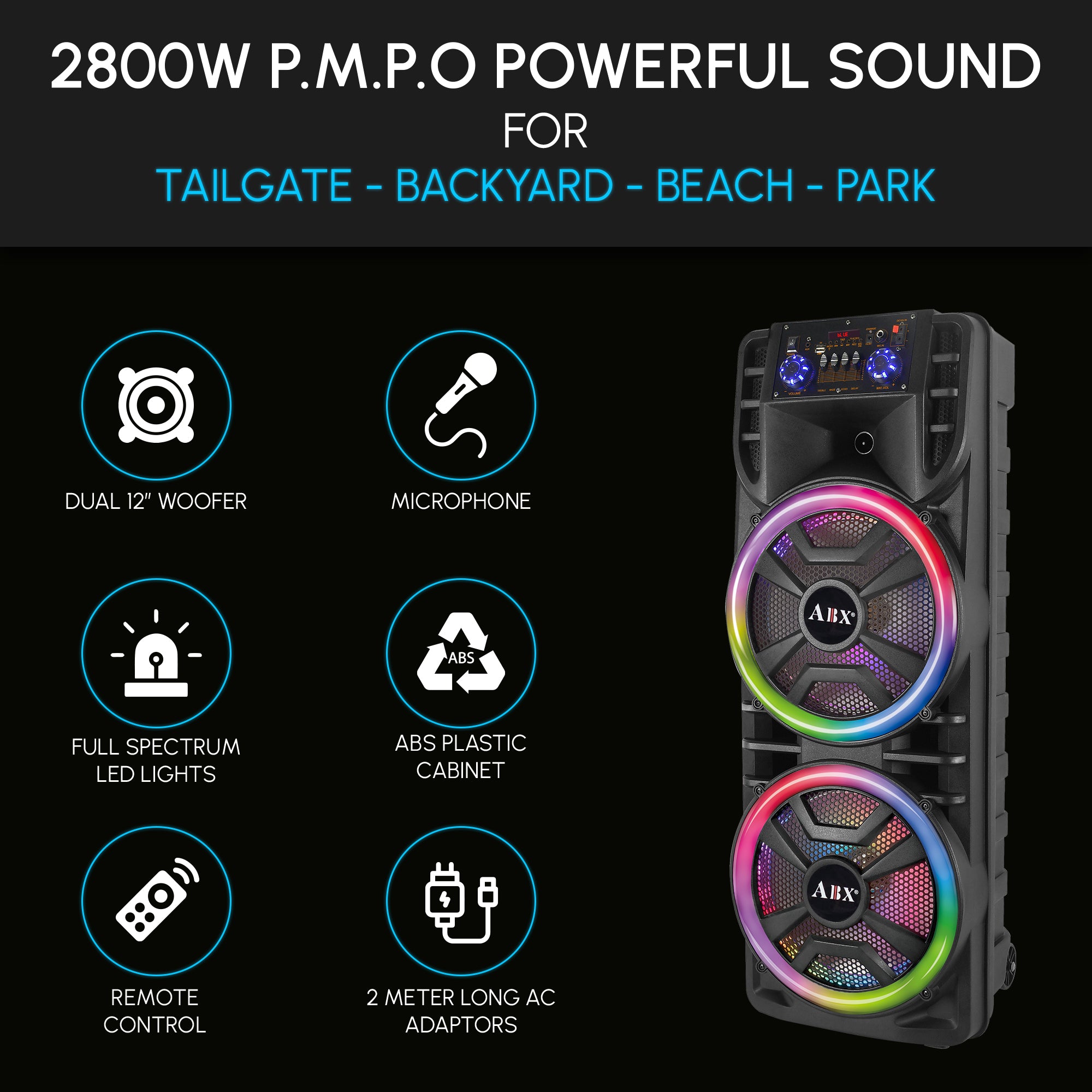 ABX-214R Dual 12" PA Speaker with RGB Party Lights